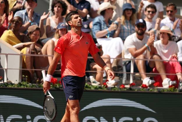 Serbian Novak Djokovic goes back into position after winning a decisive point to Aleksandar Kovacevic of the US during their first-round match at Roland Garros French Tennis Open in Paris, France, on Monday, May 29, 2023. Djokovic won 6-3, 6-2, 7-6.  PAR20230529517 MAYAxVIDON-WHITE