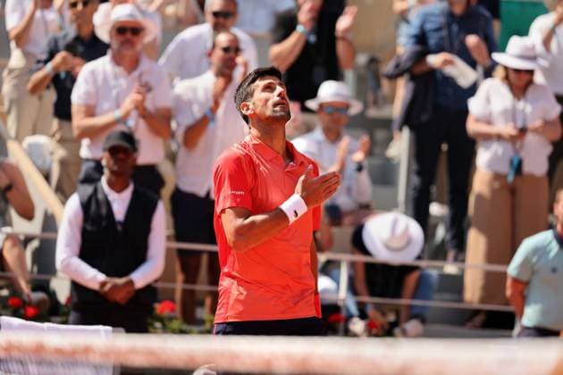 Serbian Novak Djokovic celebrates his win against Aleksandar Kovacevic of the US during their first-round match at Roland Garros French Tennis Open in Paris, France, on Monday, May 29, 2023. Djokovic won 6-3, 6-2, 7-6.  PAR20230529532 MAYAxVIDON-WHITE