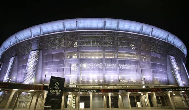 Sevilla v AS Roma, UEFA Europa League Final 2023, Pre press conference, PK, Pressekonferenz & Training, Puskas Arena, Budapest, Hungary. - 30th May 2023. Puskas Arena lite up in Sevilla club colours ahead of The UEFA Europa League Final 2023. - Sevilla v AS Roma, UEFA Europa League Final 2023, Pre Press Conference & Training, Puskas Arena, Budapest, Hungary. - 30th May 2023. Budapest Puskas Arena Hungary Copyright: xDanxWeirx CP_UEFA_Europa_League_Final_2023_Press_Conference_Training_59