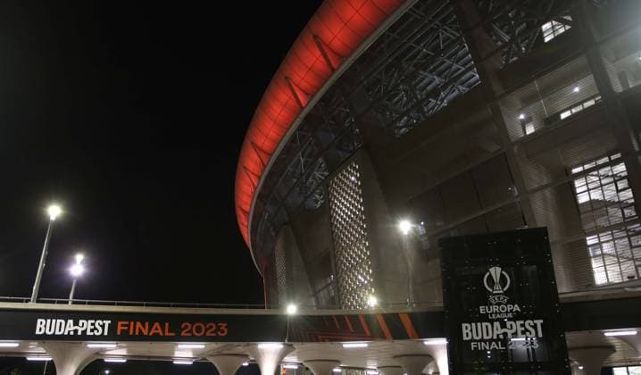 Sevilla v AS Roma, UEFA Europa League Final 2023, Pre press conference, PK, Pressekonferenz & Training, Puskas Arena, Budapest, Hungary. - 30th May 2023. Puskas Arena lite up in The UEFA Europa League orange colour ahead of The UEFA Europa League Final 2023. - Sevilla v AS Roma, UEFA Europa League Final 2023, Pre Press Conference & Training, Puskas Arena, Budapest, Hungary. - 30th May 2023. Budapest Puskas Arena Hungary Copyright: xDanxWeirx CP_UEFA_Europa_League_Final_2023_Press_Conference_Training_60