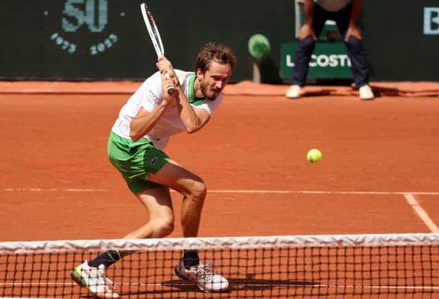 World number 2 seeded Daniil Medvedev of Russia returns the ball to Thiago Seyboth Wild of Brazil during their first-round match at Roland Garros French Tennis Open in Paris, France, on Tuesday, May 30, 2023. Seyboth Wild won 7-6, 6-7, 2-6, 6-3, 6-4.  PAR20230530126 MAYAxVIDON-WHITE