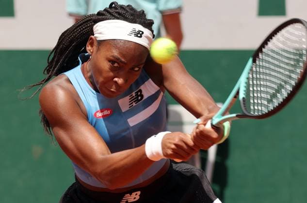 Coco Gauff of the US returns the ball to Swiss Rebeka Masarova during their first-round match at Roland Garros French Tennis Open in Paris, France, on Tuesday, May 30, 2023. Gauff won 3-6, 6-1, 6-2  PAR2023053011188 MAYAxVIDON-WHITE