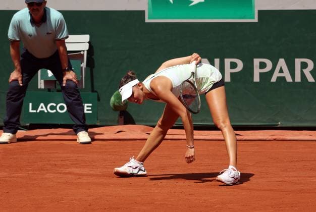 Swiss Rebeka Masarova returns the ball to Coco Gauff of the US during their first-round match at Roland Garros French Tennis Open in Paris, France, on Tuesday, May 30, 2023. Gauff won 3-6, 6-1, 6-2  PAR202305301088 MAYAxVIDON-WHITE