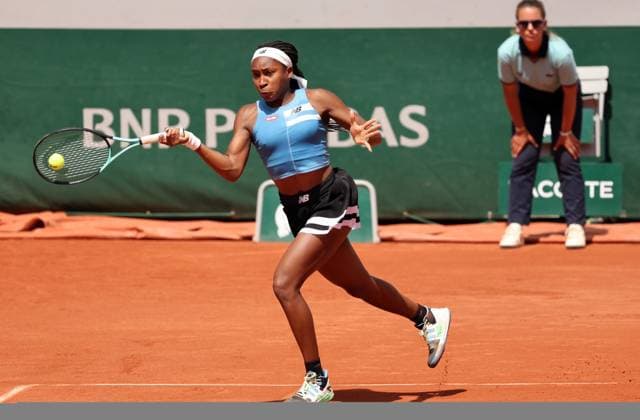 Coco Gauff of the US returns the ball to Swiss Rebeka Masarova during their first-round match at Roland Garros French Tennis Open in Paris, France, on Tuesday, May 30, 2023. Gauff won 3-6, 6-1, 6-2  PAR20230530116 MAYAxVIDON-WHITE