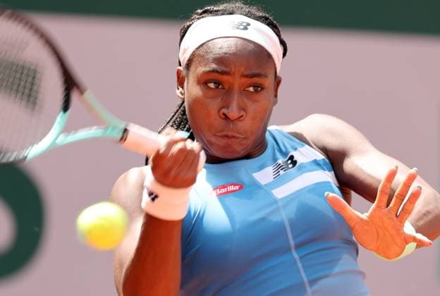 Coco Gauff of the US returns the ball to Swiss Rebeka Masarova during their first-round match at Roland Garros French Tennis Open in Paris, France, on Tuesday, May 30, 2023. Gauff won 3-6, 6-1, 6-2  PAR202305301098 MAYAxVIDON-WHITE