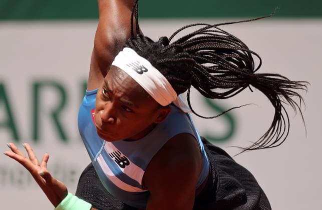 Coco Gauff of the US returns the ball to Swiss Rebeka Masarova during their first-round match at Roland Garros French Tennis Open in Paris, France, on Tuesday, May 30, 2023. Gauff won 3-6, 6-1, 6-2  PAR202305301109 MAYAxVIDON-WHITE