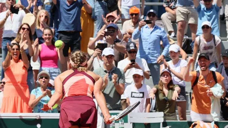 Belgian Elise Mertens reacts during a tennis match between Belgian Mertens and Colombian Osorio, in the second round of the women s singles at the Roland Garros French Open tennis tournament in Paris, France, Wednesday 31 May 2023. BENOITxDOPPAGNE  x68200123x