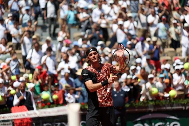 Stefanos Tsitsipas after winning the game between Stefanos Tsitsipas and Roberto Carballes Baena at the Roland Garros 2023 tournament held in Paris, France. (Richard Callis SPP) Copyright: xRichardxCallisx xSPPx SPP_203096