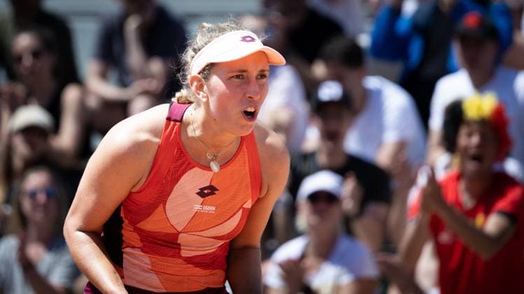Belgian Elise Mertens reacts during a tennis match against Colombian Osorio, in the second round of the women s singles at the Roland Garros French Open tennis tournament in Paris, France, Wednesday 31 May 2023. BENOITxDOPPAGNE  x68203911x