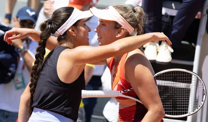 Colombian Maria Camila Osorio Serrano and Belgian Elise Mertens embrace after their tennis match in the second round of the women s singles at the Roland Garros French Open tennis tournament in Paris, France, Wednesday 31 May 2023. BENOITxDOPPAGNE  x68204061x