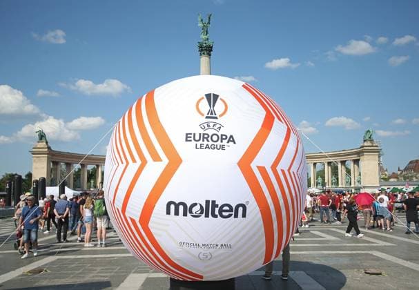 Sevilla v AS Roma, UEFA Europa League Final 2023, Puskas Arena, Budapest, Hungary. - 31st May 2023 General view of a large inflatable UEFA Europa League match ball in Heroes Square ahead of the UEFA Europa League Final at the Puskas Arena, Budapest. - Sevilla v AS Roma, UEFA Europa League Final 2023, Puskas Arena, Budapest, Hungary. - 31st May 2023. Budapest Puskas Arena Hungary Copyright: xDanxWeirx CP_UEFA_Europa_League_Final_2023_05