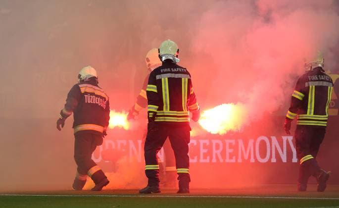 Sevilla v AS Roma, UEFA Europa League Final 2023, Puskas Arena, Budapest, Hungary. - 31st May 2023 Firefighters remove flares from the pitch.- Sevilla v AS Roma, UEFA Europa League Final 2023, Puskas Arena, Budapest, Hungary. - 31st May 2023. Budapest Puskas Arena Hungary Copyright: xDanxWeirx CP_UEFA_Europa_League_Final_2023_55