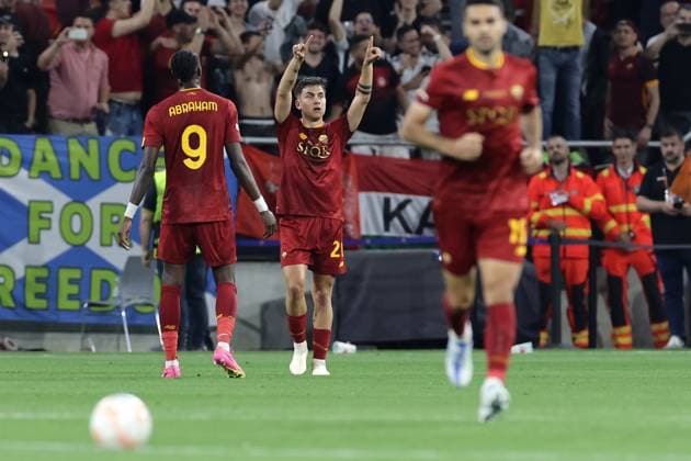 Paulo Dybala of AS Roma celebrates after scoring the goal of 0-1 during the Europa League Final between Sevilla FC and AS Roma at Puskas Arena stadium in Budapest (Hungary), May 31st, 2023. cesarexpurini