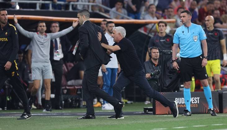 Budapest, Hungary, 31st May 2023. Jose Mourinho Manager of AS Roma pushes away someone in the technical area during the UEFA Europa League Final match at Puskas Arena, Budapest. Picture credit should read: David Klein Sportimage EDITORIAL USE ONLY. No use with unauthorised audio, video, data, fixture lists, club league logos or live services. Online in-match use limited to 120 images, no video emulation. No use in betting, games or single club league player publications. SPI-2471-0091