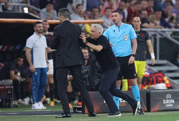 Budapest, Hungary, 31st May 2023. Jose Mourinho Manager of AS Roma pushes away someone in the technical area during the UEFA Europa League Final match at Puskas Arena, Budapest. Picture credit should read: David Klein Sportimage EDITORIAL USE ONLY. No use with unauthorised audio, video, data, fixture lists, club league logos or live services. Online in-match use limited to 120 images, no video emulation. No use in betting, games or single club league player publications. SPI-2471-0092