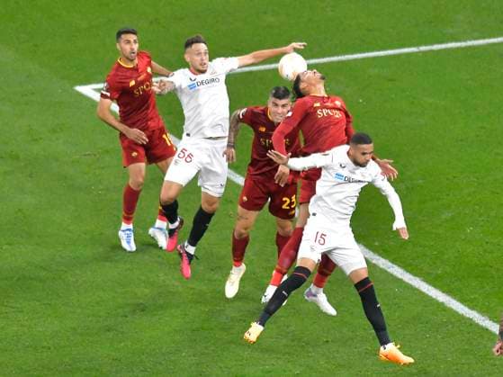 Zeki Ã‡elik, Lucas Ocampos, Youssef En Nesyri and Chris Smalling in the football match between Sevilla FC and AS Roma, Europa League final, held at the Ferenc Puskas Arena in Budapest, Wednesday, May 31, 2023 Budapest Copyright: xRazvanxPasarica SPORTxPICTURESx