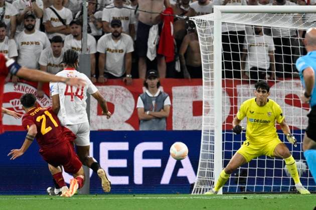 31st May 2023; Pusk& xe1;s Ar& xe9;na, Budapest, Hungary; UEFA Europa League Football Final, Sevilla versus Roma; Paulo Dybala of AS Roma shoots and scores the goal for 1-0 in the 34th minute  ActionPlus12515874 AllxShotxLive