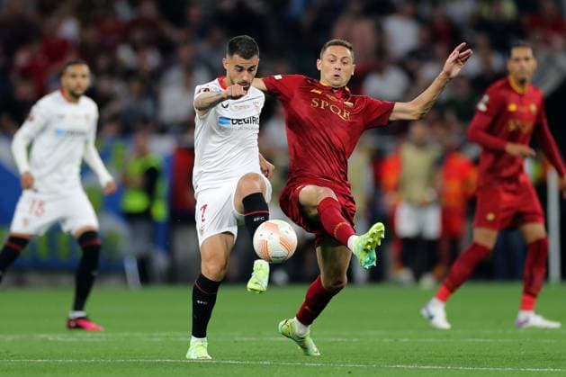 Budapest, Hungary: 31.05.2023: Suso of Seville, Nemanja Matic of Roma in action during the Final UEFA Europa League 2023 match between Sevilla FC vs AS Roma at Puskas Arena of Budapest in Hungary  Copyright: xmarcoxiacobuccix xipa-agency.netx xmarcoxiacobuccix 0 IPA_IPA38352092