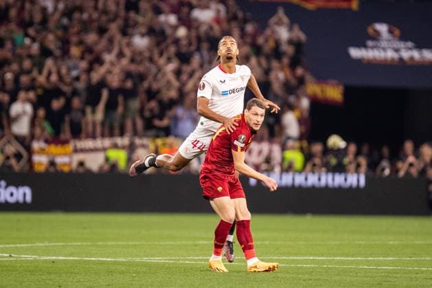 Sevilla v Roma, UEFA Europa League final, Budapest, Hungary Budapest, Hungary. 31st, May 2023. Loic Bade (44) of Sevilla FC and Andrea Belotti (11) of Roma seen during the UEFA Europa League final between Sevilla and Roma at the Puskas Arena in Hungary. Budapest Hungary  Copyright: xGonzalesxPhoto BalazsxPopalx
