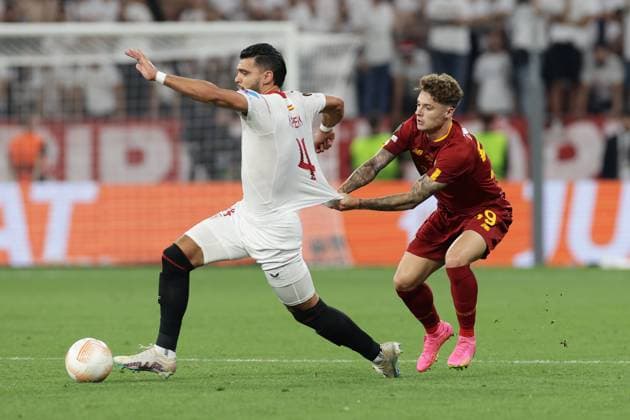Karim Rekik of Sevilla FC and Nicola Zalewski of AS Roma during the Europa League Final between Sevilla FC and AS Roma at Puskas Arena stadium in Budapest (Hungary), May 31st, 2023. cesarexpurini
