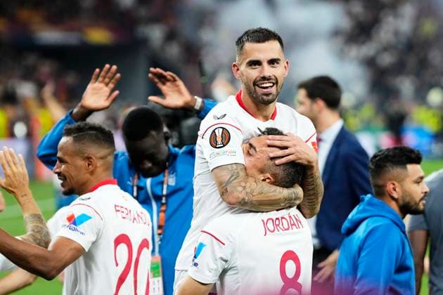 Sevilla FC v AS Roma - UEFA Europa League Final 2022 23 Suso right winger of Sevilla and Spain celebrate after the team s victory in the penalty shoot out during the UEFA Europa League 2022 23 final match between Sevilla FC and AS Roma at Puskas Arena on May 31, 2023 in Budapest, Hungary. Budapest Hungary  Copyright: xJosexBretonx originalFilename:breton-sevillaf230531_npPHO.jpg