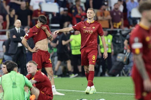 Dejection of Paulo Dybala of AS Roma at the end of the Europa League Final between Sevilla FC and AS Roma at Puskas Arena stadium in Budapest (Hungary), May 31st, 2023. cesarexpurini