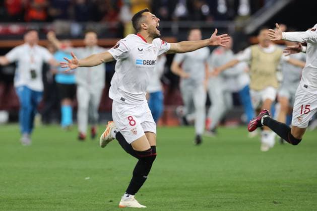 Budapest, Hungary: 31.05.2023: Joan Jordan of Seville celebrate victory at end of penalty in the Final UEFA Europa League 2023 match between Sevilla FC vs AS Roma at Puskas Arena of Budapest in Hungary  Copyright: xmarcoxiacobuccix xipa-agency.netx xmarcoxiacobuccix 0 IPA_IPA38354084