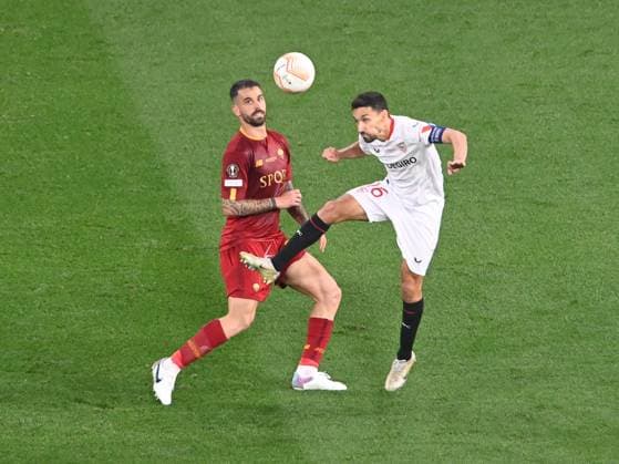 Bryan Cristante and Jesus Navas in the football match between Sevilla FC and AS Roma, Europa League final, held at the Ferenc Puskas Arena in Budapest, Wednesday, May 31, 2023 Budapest Copyright: xRazvanxPasarica SPORTxPICTURESx
