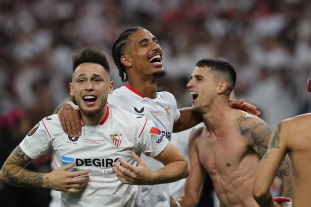 Budapest, Hungary: 31.05.2023: Lucas Ocampos and Diego Hormigo of Seville celebrate victory at end of penalty in the Final UEFA Europa League 2023 match between Sevilla FC vs AS Roma at Puskas Arena of Budapest in Hungary  Copyright: xmarcoxiacobuccix xipa-agency.netx xmarcoxiacobuccix 0 IPA_IPA38354092