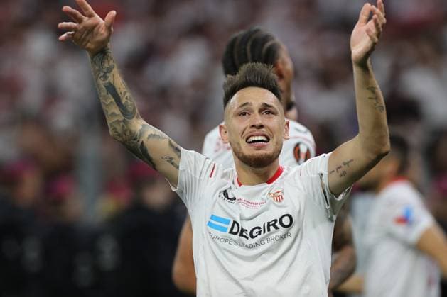 Budapest, Hungary: 31.05.2023: Lucas Ocampos of Seville celebrate victory at end of penalty in the Final UEFA Europa League 2023 match between Sevilla FC vs AS Roma at Puskas Arena of Budapest in Hungary  Copyright: xmarcoxiacobuccix xipa-agency.netx xmarcoxiacobuccix 0 IPA_IPA38354094