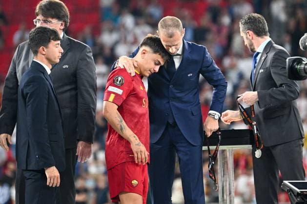 AS RomaÃ¢& x80;& x99;s Paulo Dybala shows his disappointment during Europe League final prize-giving ceremony between AS Roma vs. Sevilla at the Puskas Arena in Budapest, Hungary, 31st of May 2023  Copyright: xVinnyxOrlando LiveMediax xipa-agx xLivexMediax 0 IPA_IPA38354962