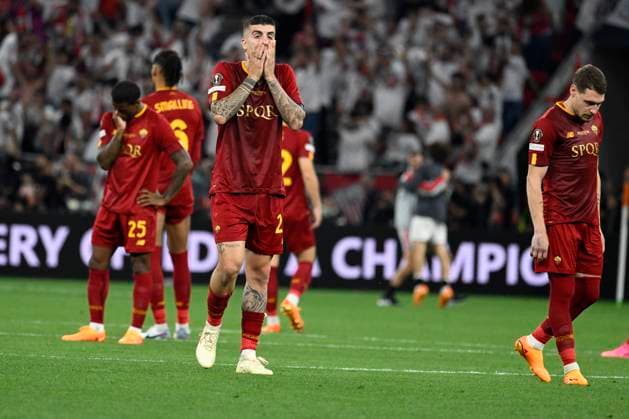 31st May 2023; Pusk& xe1;s Ar& xe9;na, Budapest, Hungary; UEFA Europa League Football Final, Sevilla versus Roma; AS Roma players show their dejection at the end of the penalty shoot out after losing 4-1  ActionPlus12515904 AllxShotxLive