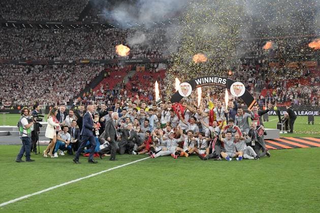 31st May 2023; Pusk& xe1;s Ar& xe9;na, Budapest, Hungary; UEFA Europa League Football Final, Sevilla versus Roma; players of FC Sevilla celebrate their penalty kick shootout victory at the end of the match  ActionPlus12515909 AllxShotxLive