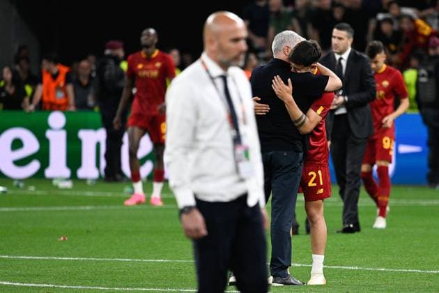 31st May 2023; Pusk& xe1;s Ar& xe9;na, Budapest, Hungary; UEFA Europa League Football Final, Sevilla versus Roma; Paulo Dybala of AS Roma and Jose Mourinho console each other as they show their dejection at the end of the match  ActionPlus12515914 AllxShotxLive