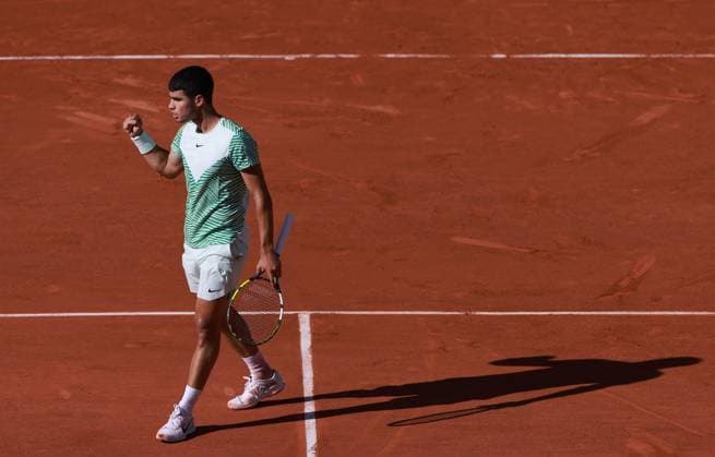 (230601) -- PARIS, June 1, 2023 -- Carlos Alcaraz of Spain celebrates during the men s singles second round match between Carlos Alcaraz of Spain and Taro Daniel of Japan at the French Open tennis tournament at Roland Garros in Paris, France, on May 31, 2023. ) (SP)FRANCE-PARIS-TENNIS-ROLAND GARROS-FRENCH OPEN-MEN S SINGLES GaoxJing 