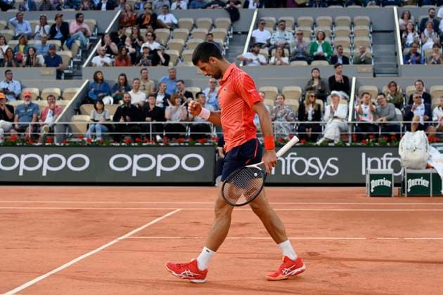 (230601) -- PARIS, June 1, 2023 -- Novak Djokovic of Serbia celebrates during the men s singles second round match between Novak Djokovic of Serbia and Marton Fucsovics of Hungary at the French Open tennis tournament at Roland Garros in Paris, France, on May 31, 2023. (Photo by Xinhua) (SP)FRANCE-PARIS-TENNIS-ROLAND GARROS-FRENCH OPEN-MEN S SINGLES JulienxMattia 