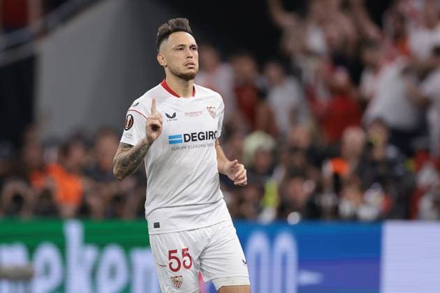 Budapest, Hungary, 31st May 2023. Lucas Ocampos of Sevilla celebrates after scoring his penalty in the shoot out in the UEFA Europa League match at Puskas Arena, Budapest. Picture credit should read: Jonathan Moscrop Sportimage EDITORIAL USE ONLY. No use with unauthorised audio, video, data, fixture lists, club league logos or live services. Online in-match use limited to 120 images, no video emulation. No use in betting, games or single club league player publications. SPI-2476-0040