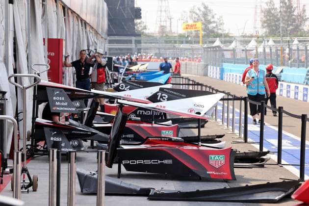 Body parts in front of the garae of TAG Heuer Porsche Formula E, FIA Formula E World Championship, Season 9, Jakarta E Prix IDN , 01 06 2023, weather, hot, climate.