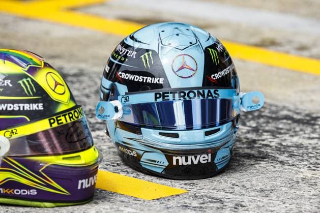 RUSSELL George (gbr), Mercedes AMG F1 Team W14, and HAMILTON Lewis (gbr), Mercedes AMG F1 Team W14, helmet, casque, during the Formula 1 AWS Gran Premio de Espana 2023, 7th round of the 2023 Formula One World Championship, WM, Weltmeisterschaft from June 2 to 4, 2023 on the Circuit de Barcelona-Catalunya, in Montmelo, Spain - F1 - SPANISH GRAND PRIX 2023 DPPI Panoramic 00123014__R3_4916