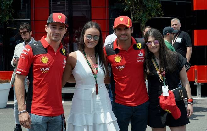 Formula 1 AWS Grand Prix of Spain 2023 01 06 2023, Circuit de Catalunya, Barcelona, Formula 1 AWS Grand Prix of Spain 2023 , in picture Charles Leclerc MCO , Scuderia Ferrari, Carlos Sainz Jr ESP , Scuderia Ferrari with fans, a woman has a Ferrari leg prosthesis nordphotoxGmbHx xBratic nph00250