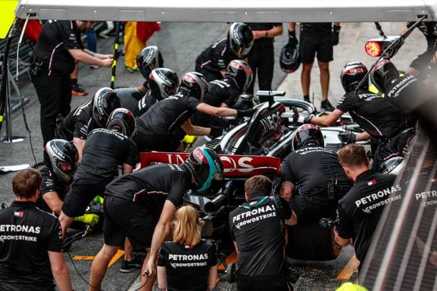 Mercedes AMG Petronas F1 Team during pit stop practice, F1 Grand Prix of Spain at Circuit de Barcelona Catalunya on June 1, 2023 in Barcelona, Spain Photo by HOCH ZWEI Barcelona Spain