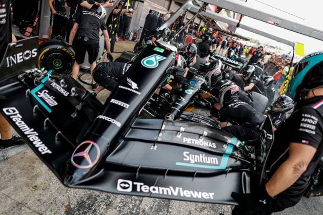 Mercedes AMG Petronas F1 Team during pit stop practice, F1 Grand Prix of Spain at Circuit de Barcelona Catalunya on June 1, 2023 in Barcelona, Spain Photo by HOCH ZWEI Barcelona Spain