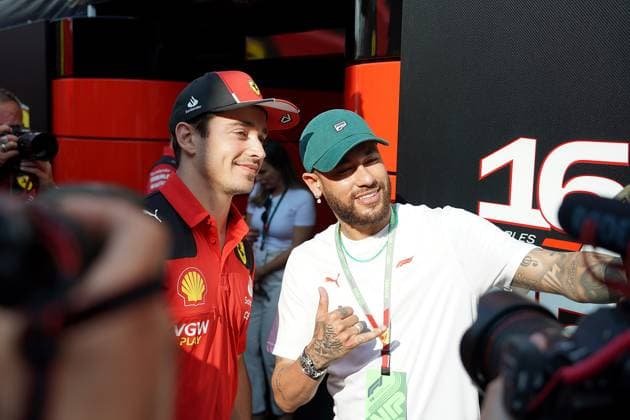 Formula 1 AWS Grand Prix of Spain 2023 01 06 2023, Circuit de Catalunya, Barcelona, Formula 1 AWS Grand Prix of Spain 2023 , in the picture The Brazilian football star Neymar jr with Charles Leclerc MCO , Scuderia Ferrari nordphotoxGmbHx xBratic nph00250