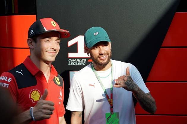 Formula 1 AWS Grand Prix of Spain 2023 01 06 2023, Circuit de Catalunya, Barcelona, Formula 1 AWS Grand Prix of Spain 2023 , in the picture The Brazilian football star Neymar jr with Charles Leclerc MCO , Scuderia Ferrari nordphotoxGmbHx xBratic nph00250