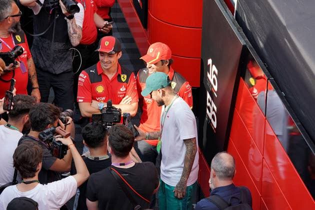 01 06 2023, Circuit de Catalunya, Barcelona, Formula 1 AWS Grand Prix of Spain 2023 , in the picture The Brazilian football star Neymar Jr with Charles Leclerc MCO , Scuderia Ferrari and Carlos Sainz Jr ESP , Scuderia Ferrari Barcelona Circuit de Catalunya Catalunya Spain  eu-images-506
