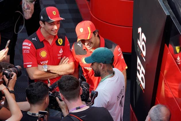 Formula 1 AWS Grand Prix of Spain 2023 01 06 2023, Circuit de Catalunya, Barcelona, Formula 1 AWS Grand Prix of Spain 2023 , in picture The Brazilian football star Neymar Jr with Charles Leclerc MCO , Scuderia Ferrari and Carlos Sainz Jr ESP , Scuderia Ferrari nordphotoxGmbHx xBratic nph00250