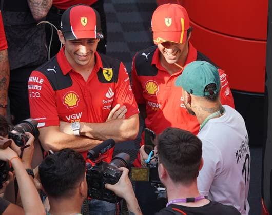 Formula 1 AWS Grand Prix of Spain 2023 01 06 2023, Circuit de Catalunya, Barcelona, Formula 1 AWS Grand Prix of Spain 2023 , in picture The Brazilian football star Neymar Jr with Charles Leclerc MCO , Scuderia Ferrari and Carlos Sainz Jr ESP , Scuderia Ferrari nordphotoxGmbHx xBratic nph00250