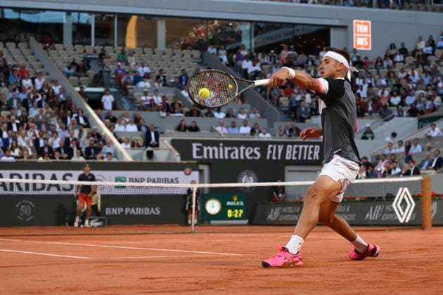 (230602) -- PARIS, June 2, 2023 -- Alex Molcan of Slovakia hits a return during the men s singles second round match between Alexander Zverev of Germany and Alex Molcan of Slovakia at the French Open tennis tournament at Roland Garros in Paris, France, on June 1, 2023. (Photo by Xinhua) (SP)FRANCE-PARIS-TENNIS-ROLAND GARROS-FRENCH OPEN-MEN S SINGLES JulienxMattia 