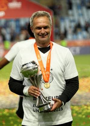 02.06.2023 Budapest(Hungary) Germany-France U-17 Under-17 European men s football championship final Christian Wück Germany head coach with European U17, U 17 champion trophy :