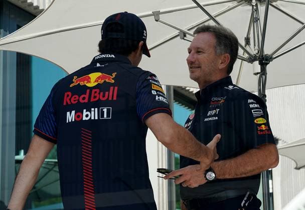 Formula 1 AWS Grand Prix of Spain 2023 03 06 2023, Circuit de Catalunya, Barcelona, Formula 1 AWS Grand Prix of Spain 2023 , in picture Sergio Perez MEX , Oracle Red Bull Racing with team principal Christian Horner Red Bull Racing Honda nordphotoxGmbHx xBratic nph00250